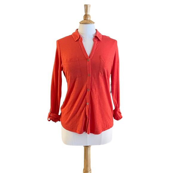NWT Liz Claiborne Cotton Blend Roll Tab Button Down Shirt in Orange Blaze, M - Picture 1 of 11